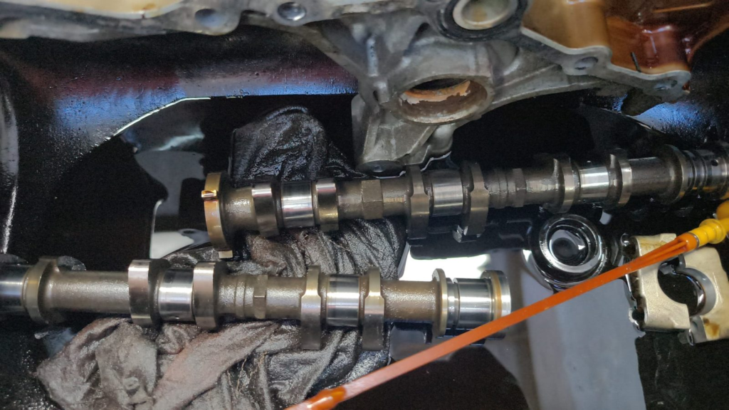 Camshafts removed from an engine