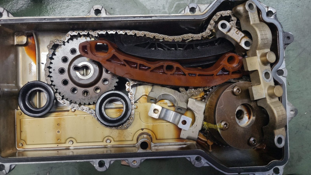Timing chain, guides and tensioner exposed